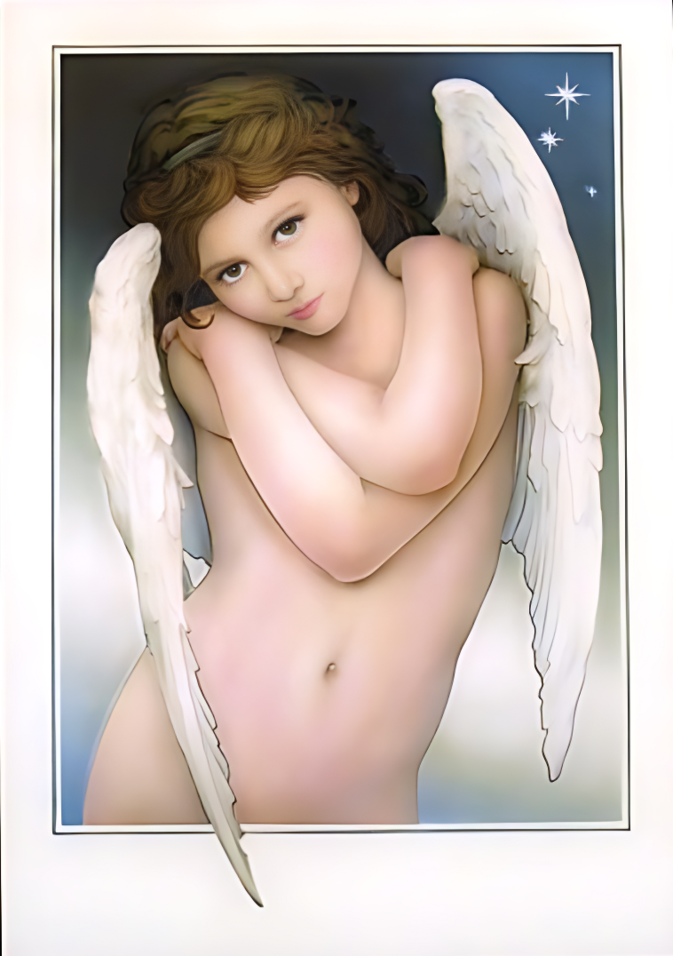 A young woman with angel wings and brown hair and her arms crossed over her chest, against a dark background with stars. Carved and painted glass.