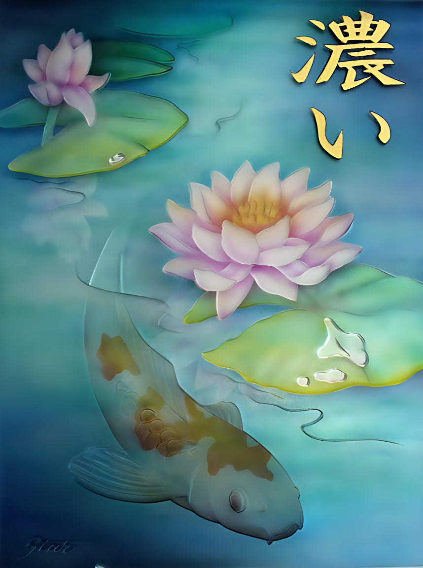 Pink and white water lilies on green lily pads floating on blue water with a fish underneath. Gold Japanese characters in the upper right corner, carved and painted mirror.