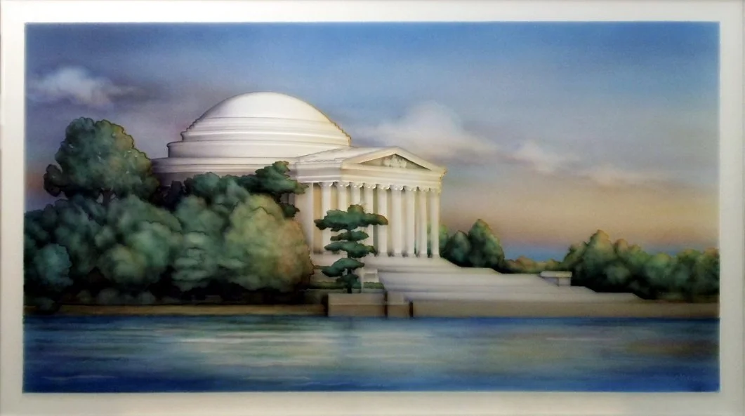 Painting of the Jefferson Memorial with trees, water, and a cloudy sky in the background.