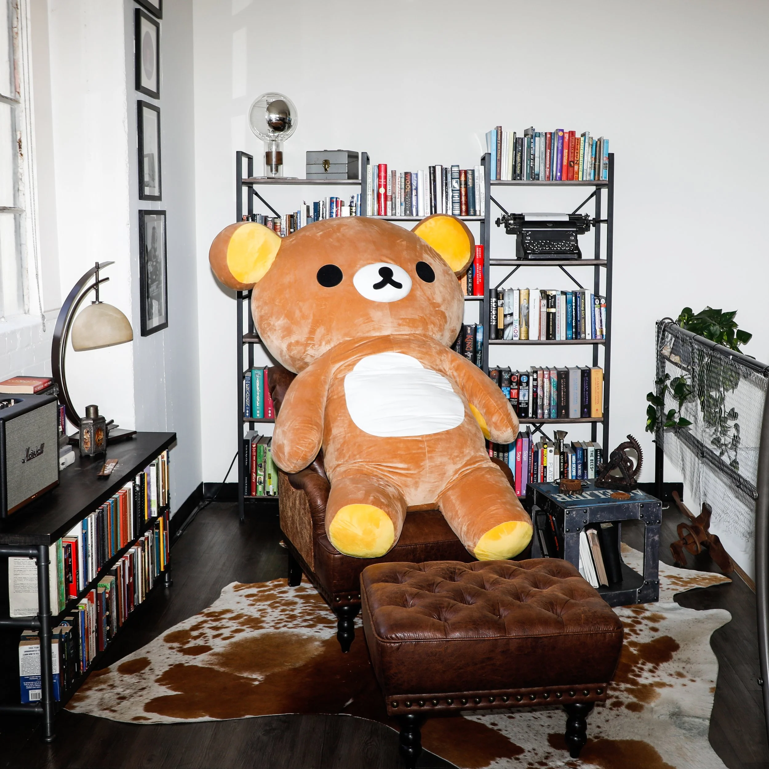 Large bear plush sitting on a brown chair in a cozy room with bookshelves, a cowhide rug, and various decorative items.