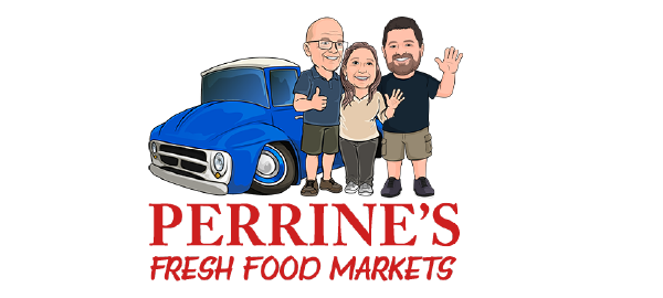 Illustration of three people with cartoon faces standing in front of a blue truck and a fishing line, with text 'PERRINE'S MEAT FOOD MARKET' beneath.