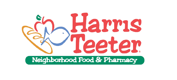 Logo for Harris Teeter Neighborhood Food & Pharmacy, featuring a shopping basket, a fish, a loaf of bread, and a leaf.