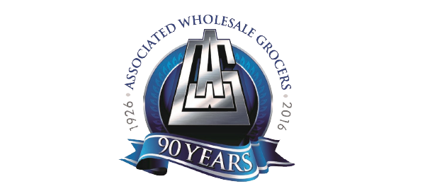 Logo for the 90th anniversary of AWG, the Associated Wholesale Grocers, featuring the text '90 YEARS' and a stylized emblem.