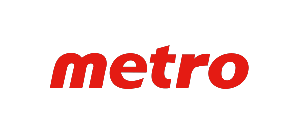 Red text spelling 'metro' on a white background.