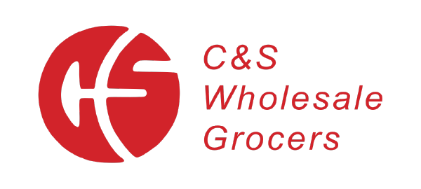 Logo of C&S Wholesale Grocers with a red circular emblem and red text on a black background.