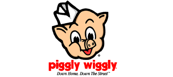 Logo of Piggly Wiggly grocery store featuring a cartoon pig smiling with black hair, red text saying 'piggly wiggly,' and slogan 'Tastes like homemade.'