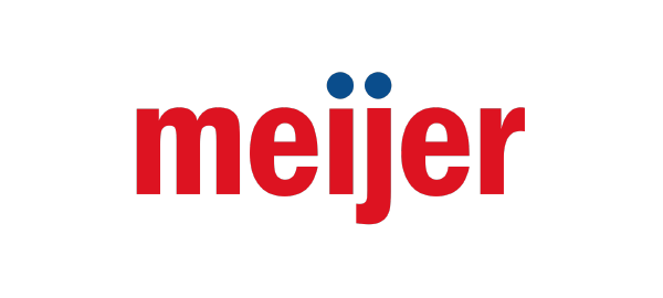 Meijer logo with red and blue text on a black background.