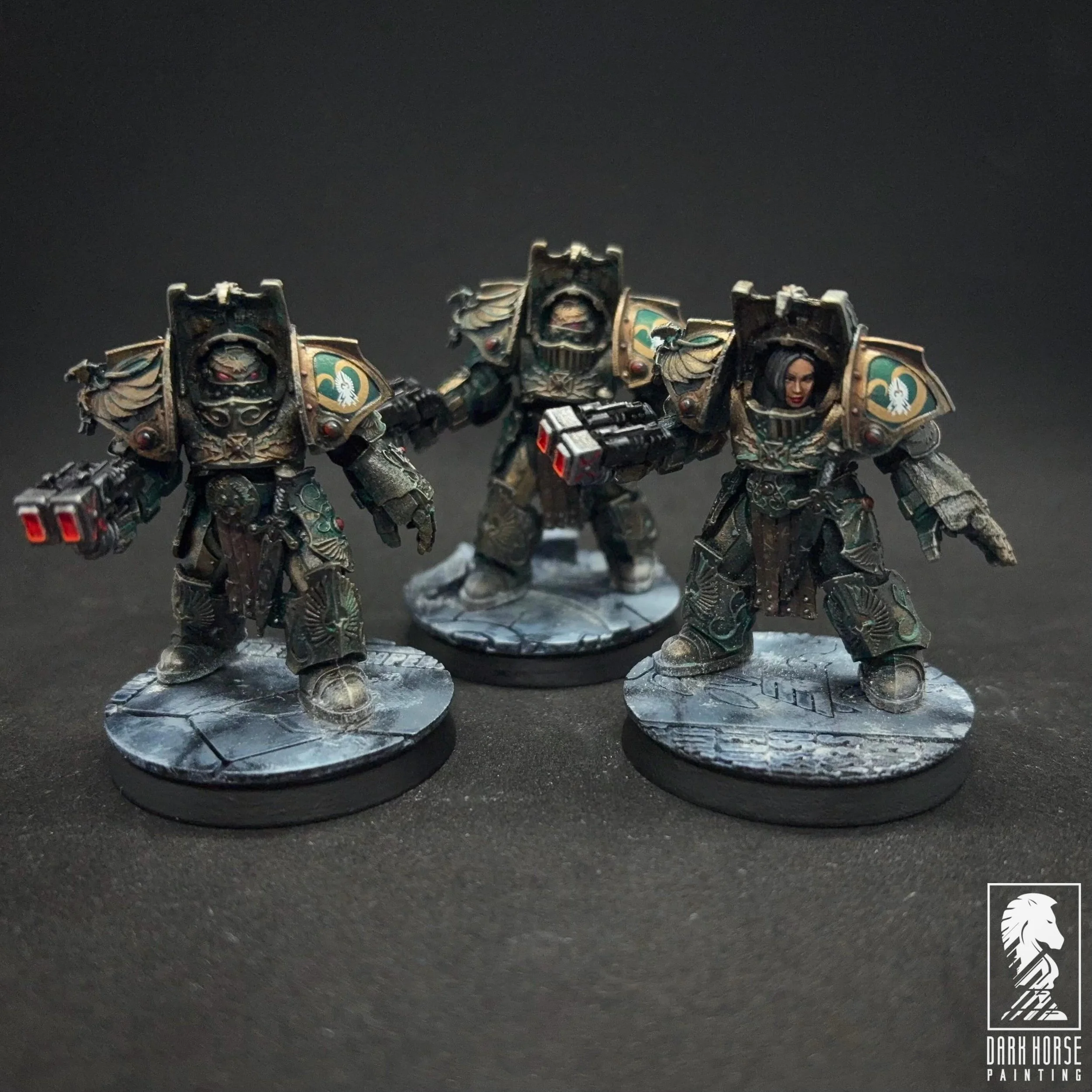My hobby mojo has been relatively low lately. I have been very slowly working out my fourth or fifth Custodes scheme over the last several years, and one I am finally happy with.

I went for an oxidized bronze, using a modified version of a @monument