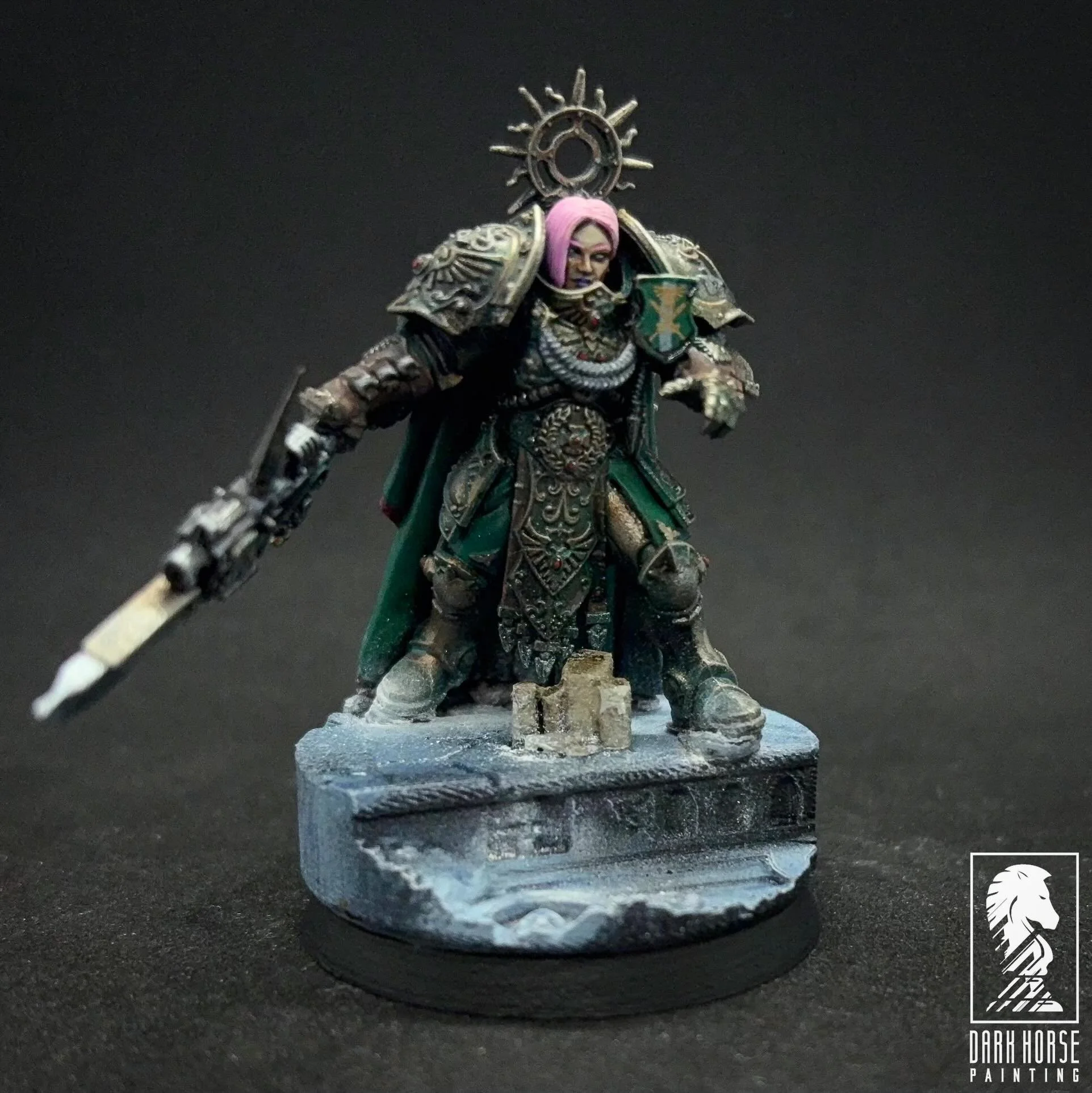 This model is meant to be a Tribune, but we will see. She is kitbashed/converted from the new Shield Captain model. The pink hair was my wife&rsquo;s idea, but I do love it! 

I went for an oxidized bronze, using a modified version of a @monument_hob