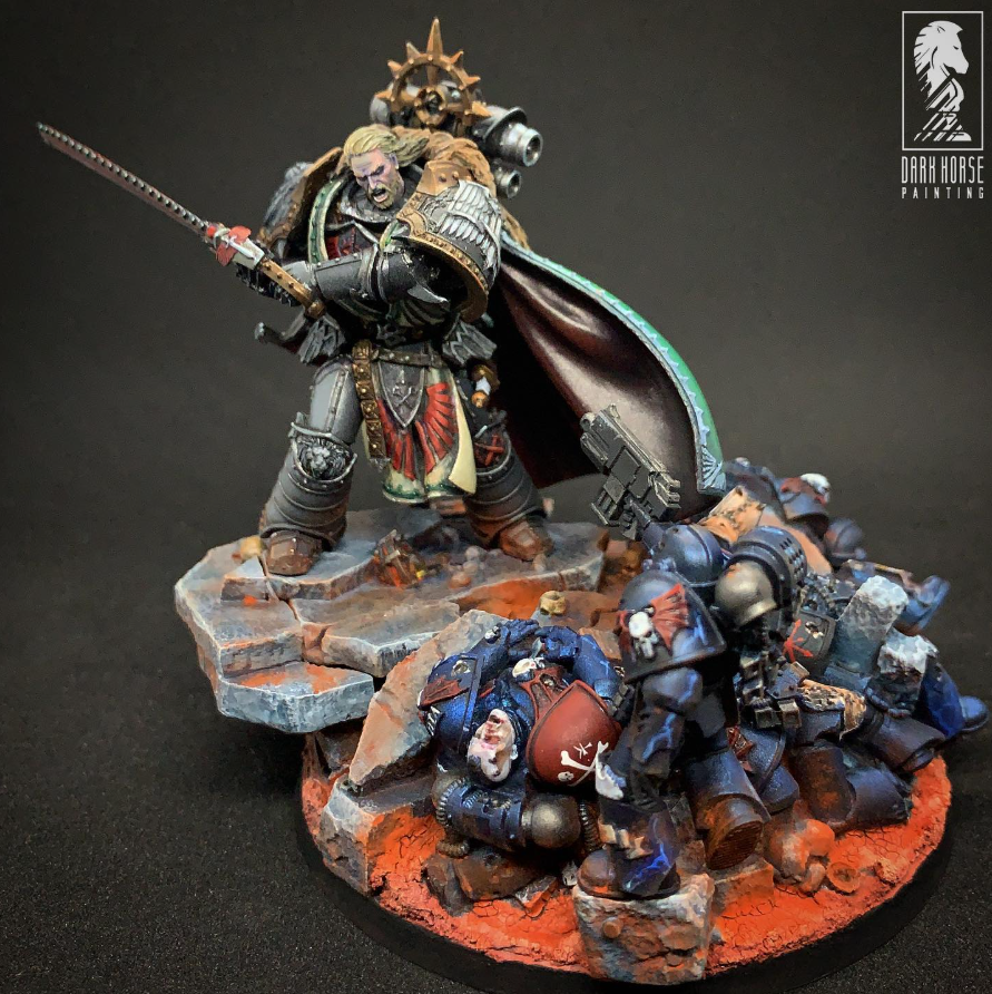 Miniature figurine of a Space Marine in battle armor, Primarch Lion El'Jonson of the Dark Angels, wielding a sword, standing on a rocky base with defeated enemies around him, created by Dark Horse Painting.