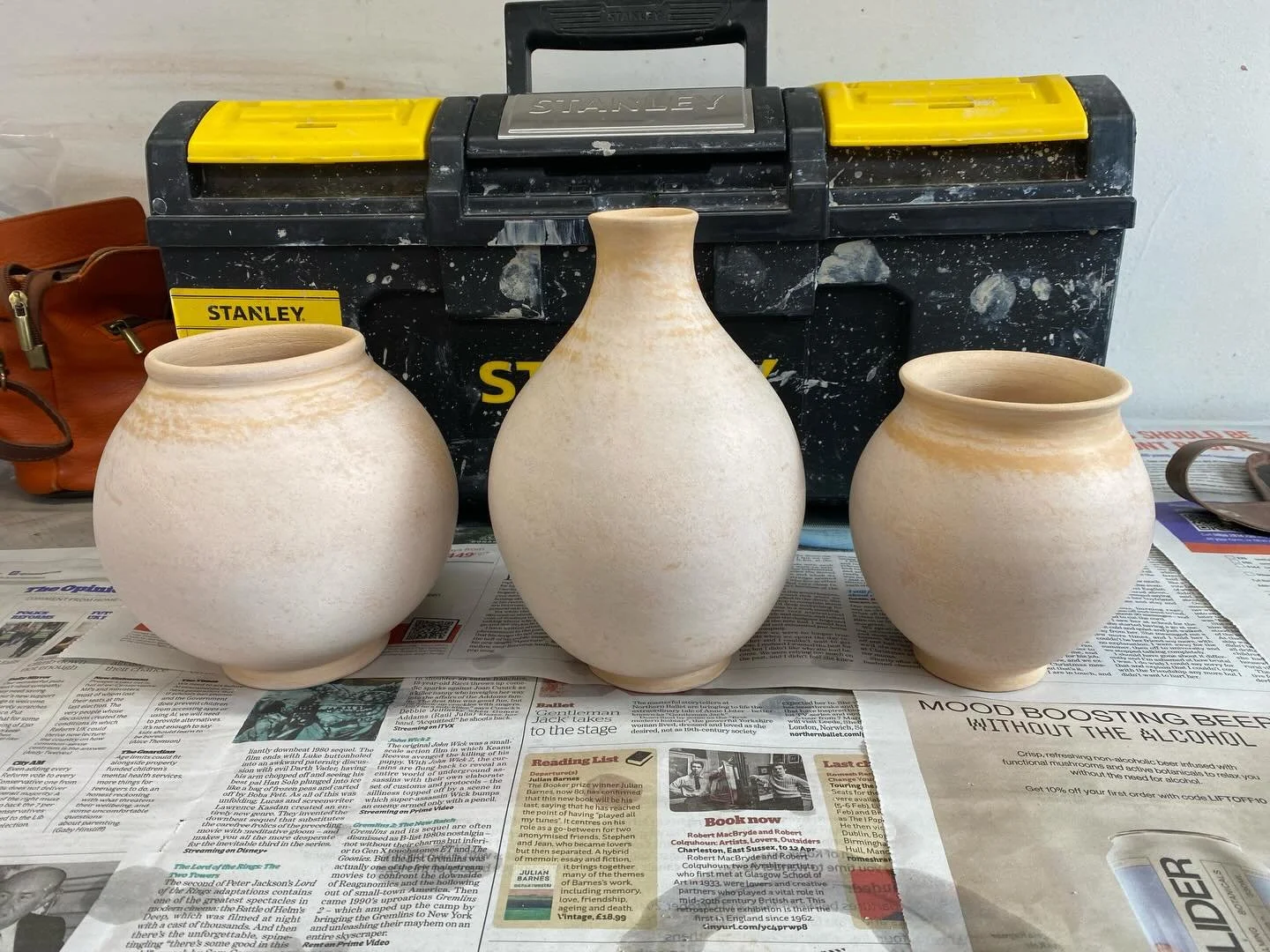 These three burnished stoneware vessels are now dipped in glaze (second pic). Now to decide on which design to create on each.  Third pic shows them as burnished greenware before bisc firing.  I&rsquo;ve got a bit of a backlog of glazed pieces to dec