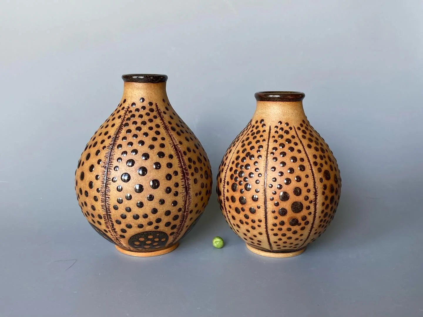 Two burnished stoneware pod bottles with tactile tenmoku glaze dots.  They feel very satisfying to hold.  Of all my designs, this is the one where the toasty sheen of bare burnished stoneware can best be seen and felt.  The clay body has its own beau