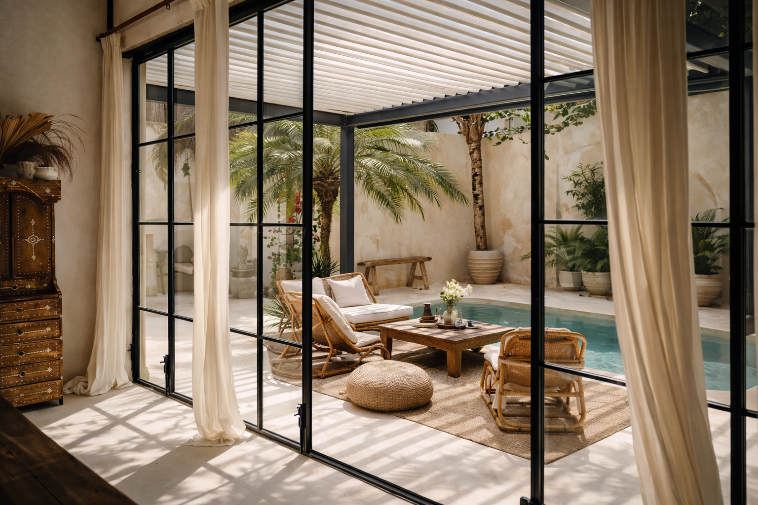 Intérieur d'une pièce avec grande porte vitrée donnant sur une cour avec piscine, canapés en rotin, table en bois, plantes tropicales et décoration naturelle.