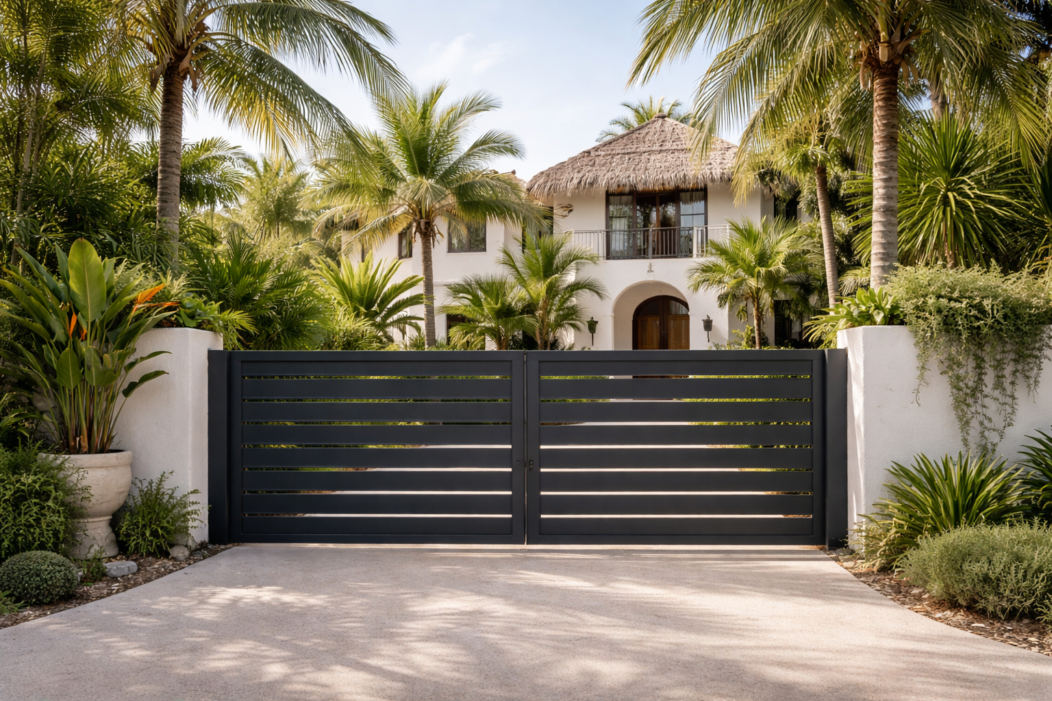 Une maison colorée de style méditerranéen avec un portail noir en avant, entourée de palmiers et de végétation tropicale.