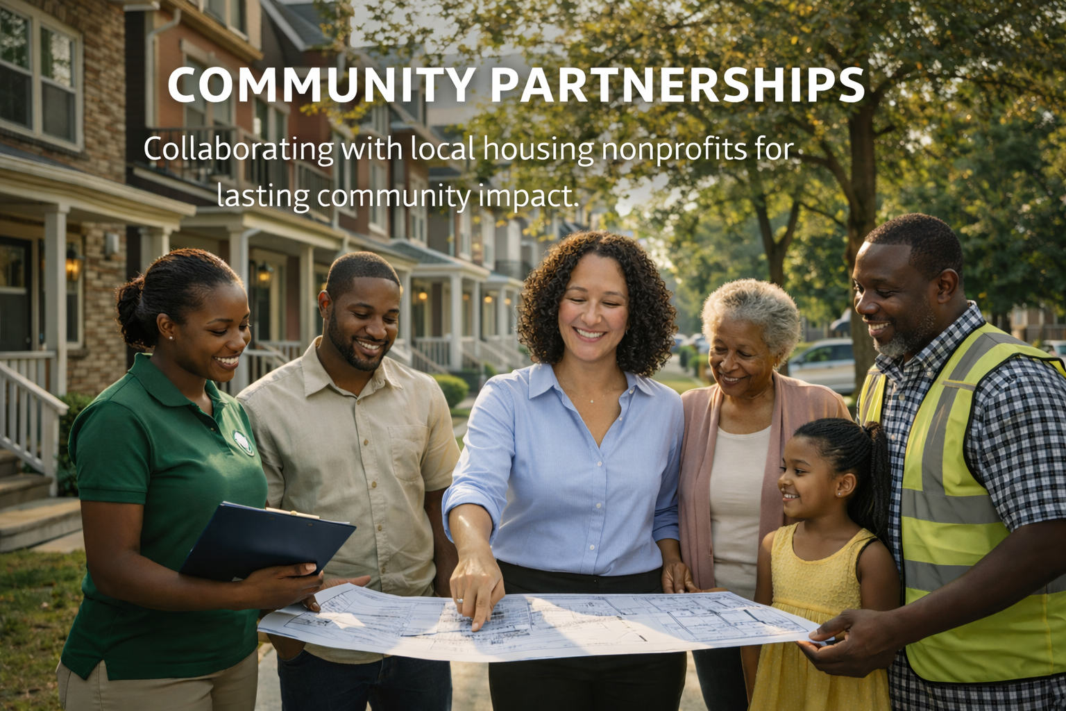 Group of community members and a professional woman looking at a blueprint outside in a neighborhood with houses, trees, and sunlight.