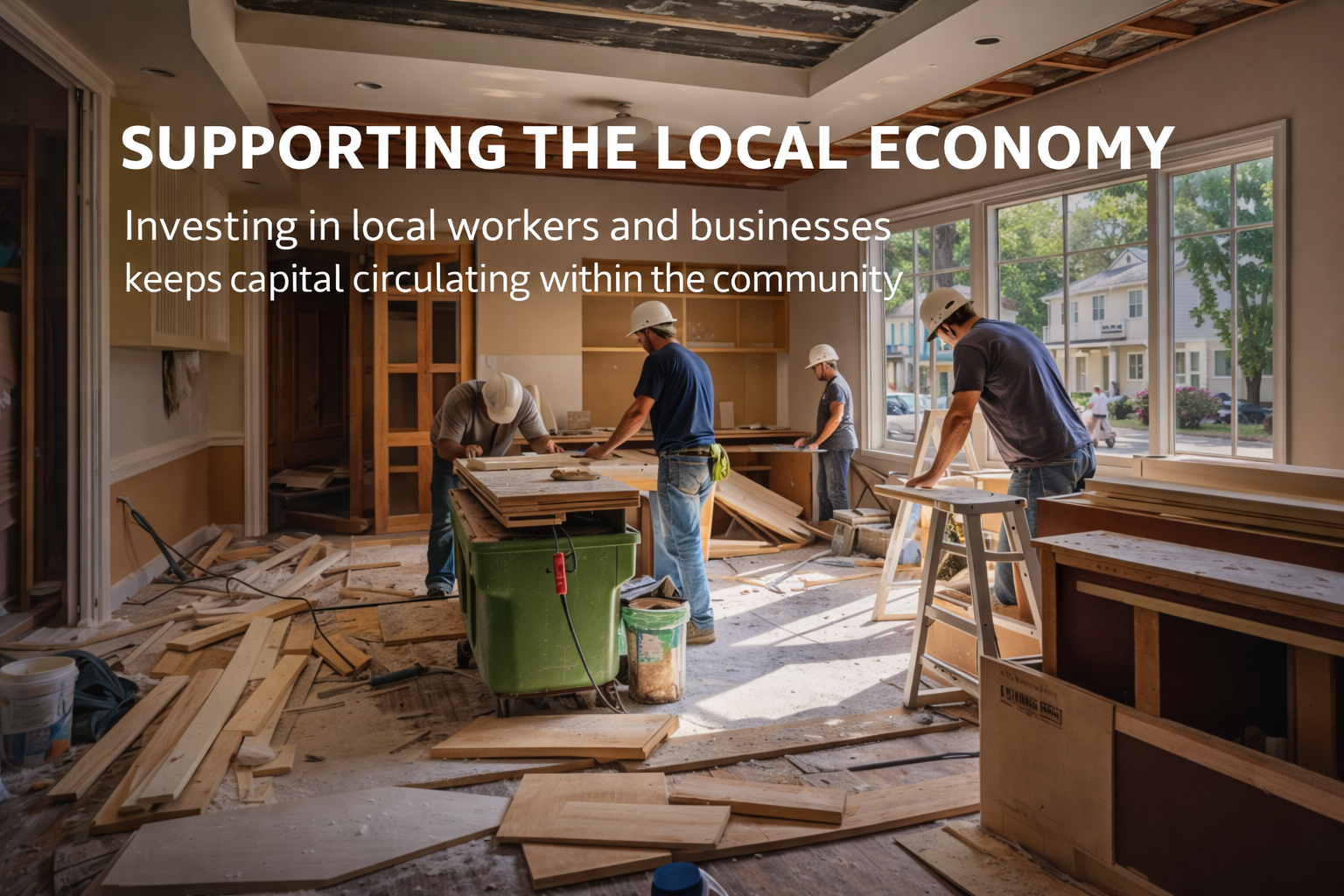 Construction workers in a partially renovated room working with wood and tools, with large windows showing houses outside.