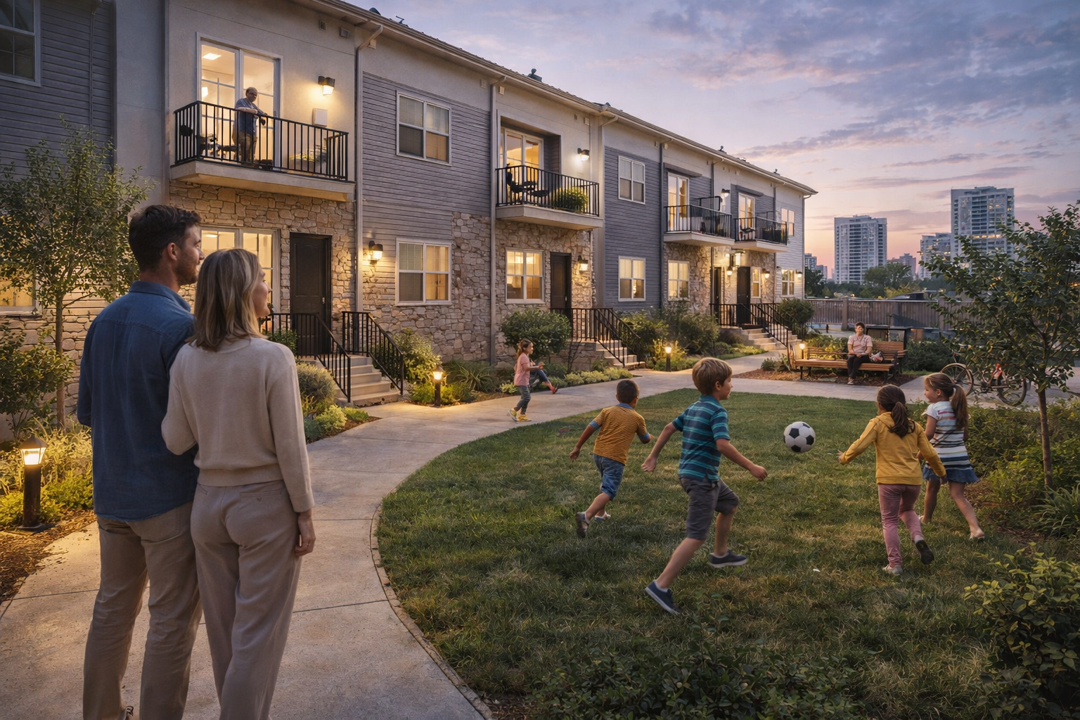 Children playing soccer on the lawn of an apartment complex during sunset, with families and city buildings in the background.
