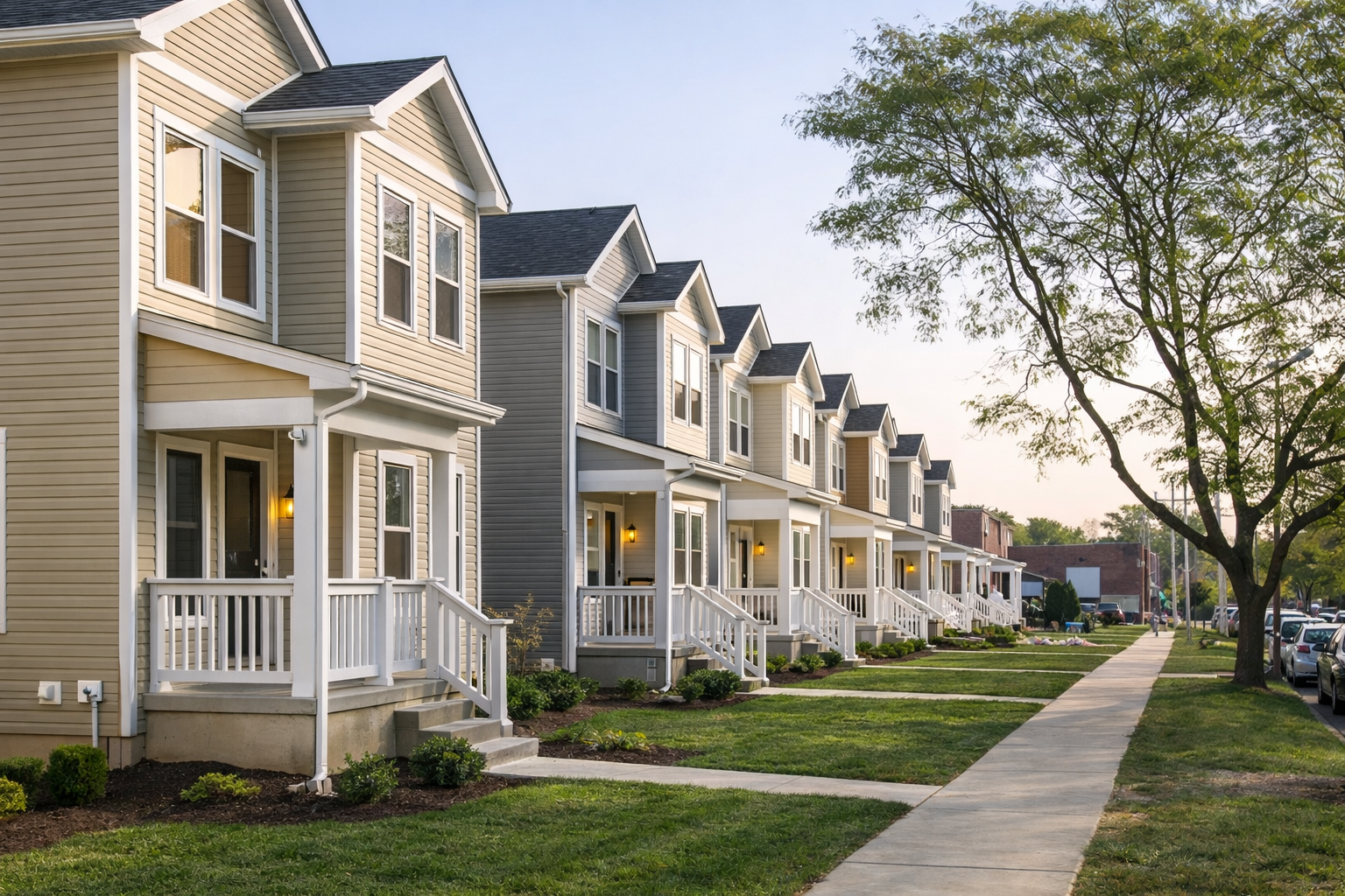 Row of modern townhouses with small front porches, well-manicured lawns, and a sidewalk lined with trees in a suburban neighborhood during daytime.