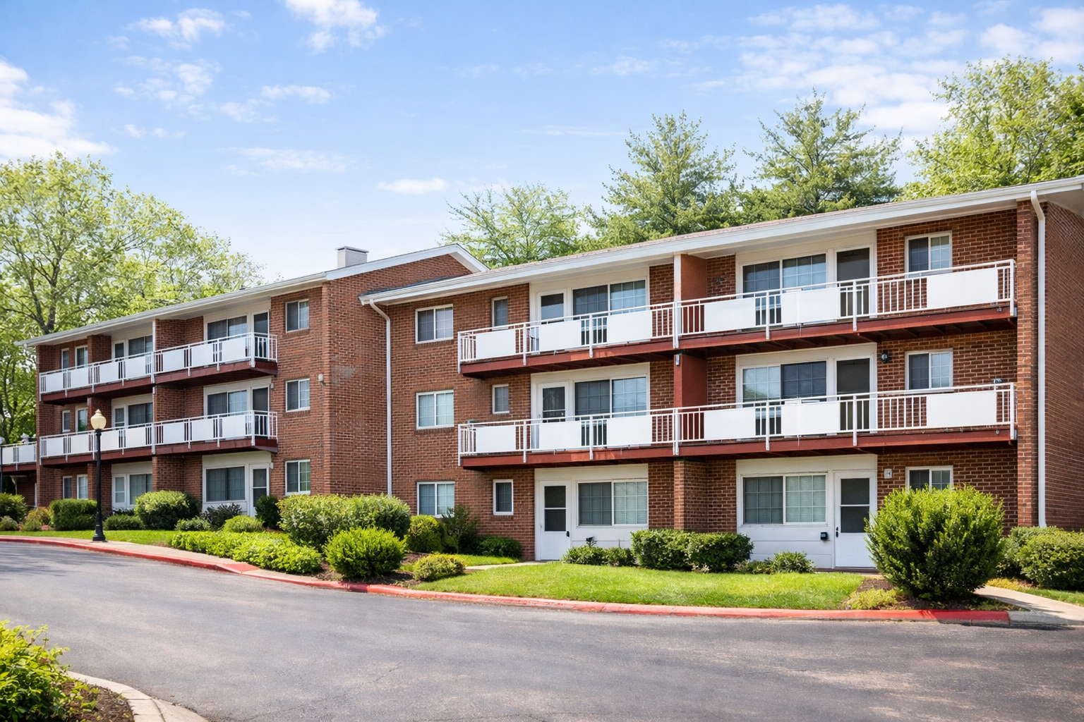 Three-story brick apartment building with white balconies, surrounded by green bushes, trees, and a paved driveway, under a partly cloudy sky.