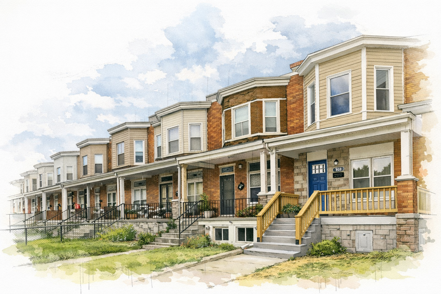 A row of colorful two-story townhouses with front porches, stairs, and landscaped yards, under a partly cloudy sky.