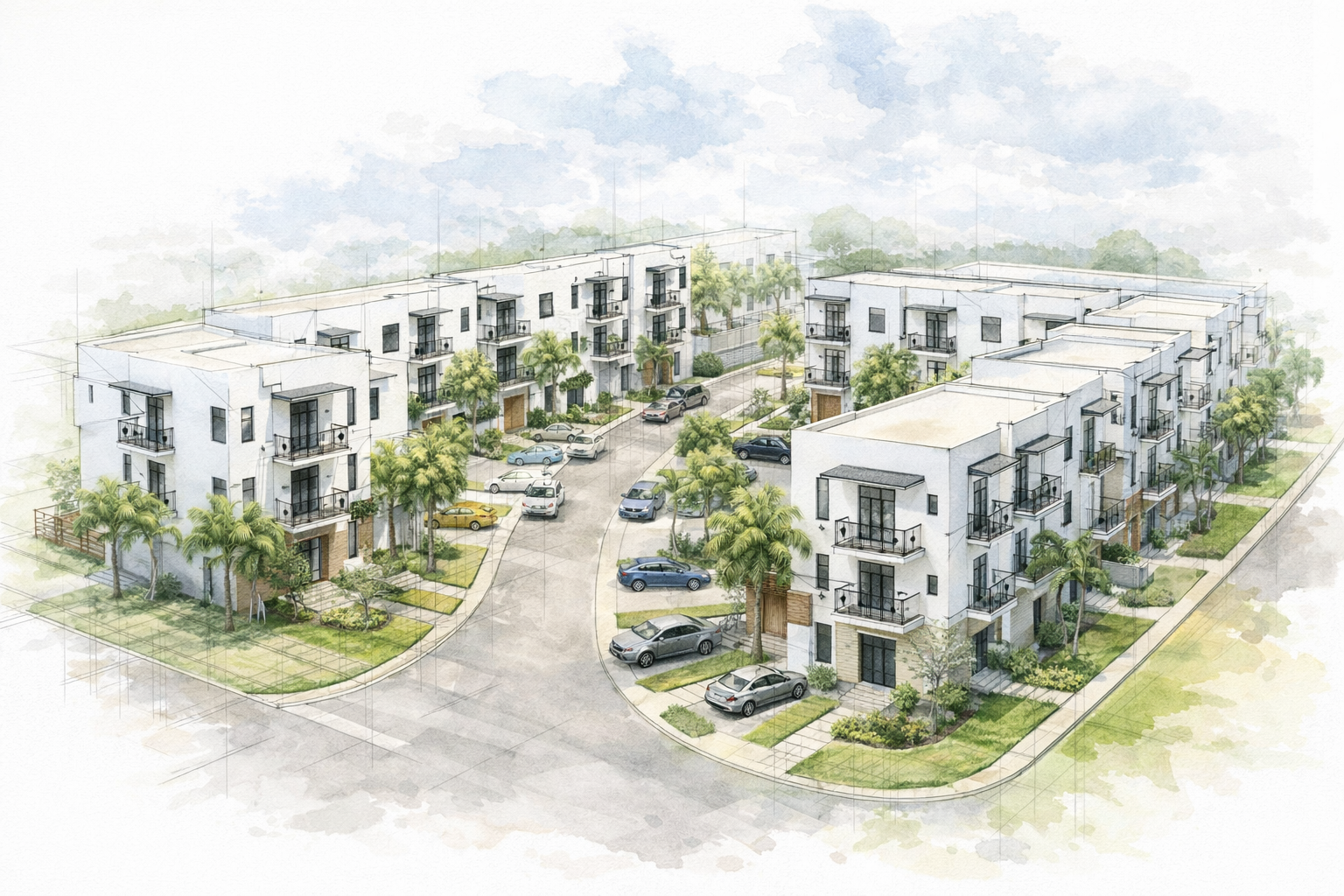 A digital rendering of a modern residential apartment complex with white buildings, green trees, and parked cars along a curved street.