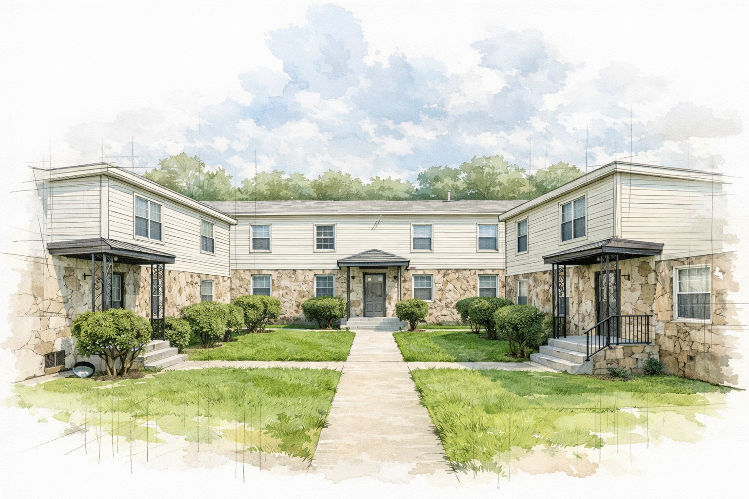 Watercolor illustration of a two-story residential apartment building with stone and siding exterior, front entrance, surrounded by green lawn and bushes, under a partly cloudy sky.