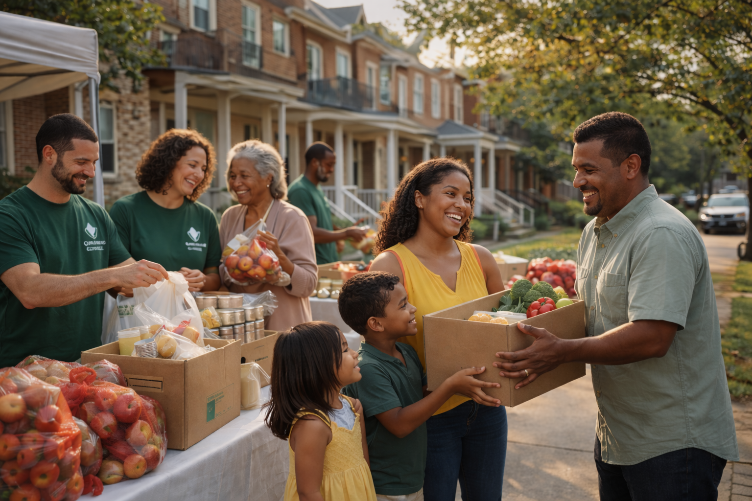 People at an outdoor community market exchanging a box of fresh produce, with a produce stand and residential houses in the background.