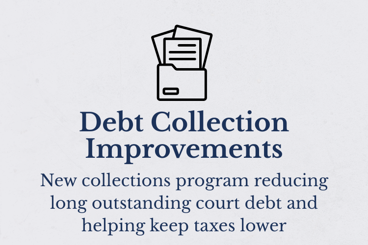 Illustration of a file cabinet with papers, and text about debt collection improvements and reducing court debt.