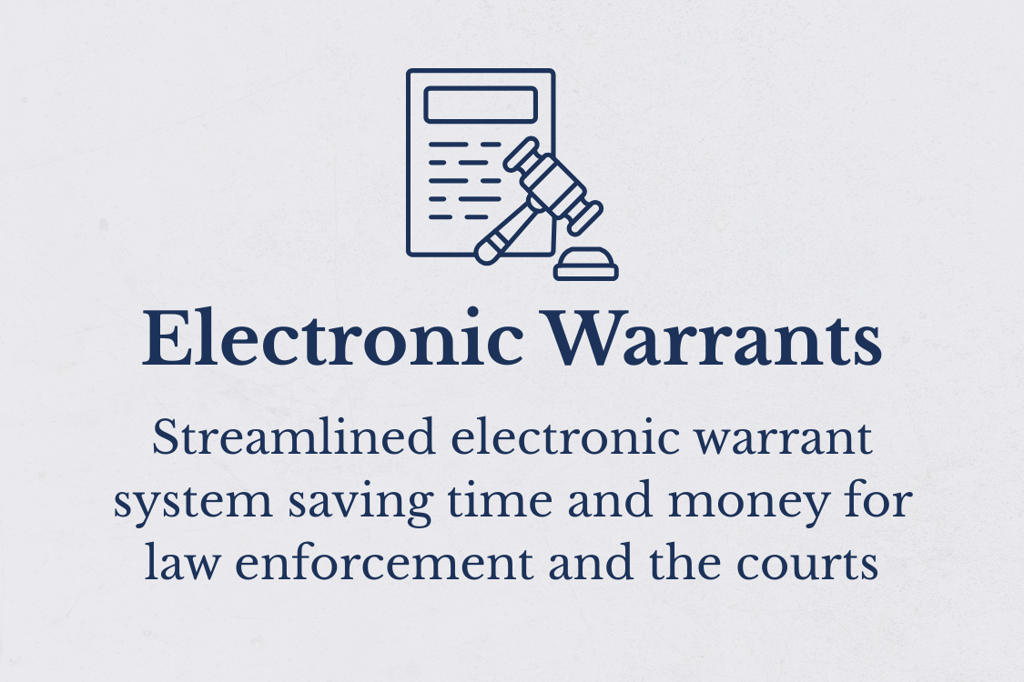 Illustration of a document with a gavel and block, representing law and legal proceedings. Text describes electronic warrants as a system that saves time and money for law enforcement and the courts.