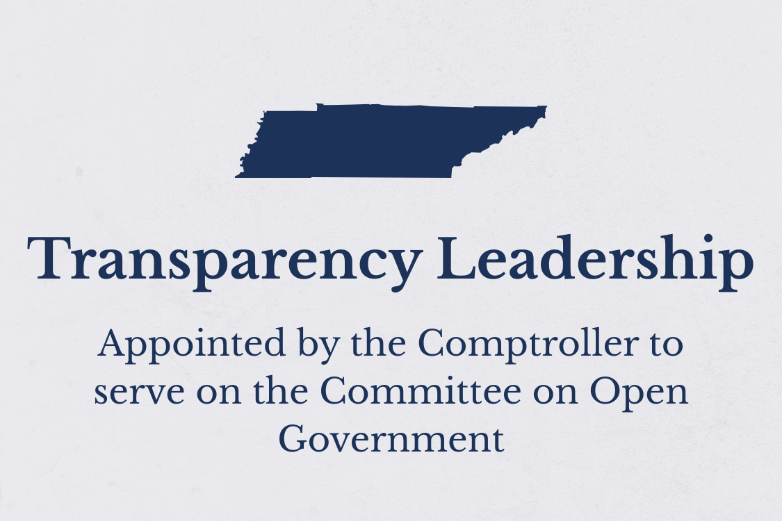 Map of Tennessee with text about transparency leadership and appointment to the Committee on Open Government.