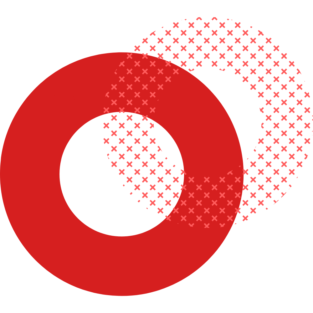 Graphic illustration of a red and black 3D target with overlapping dotted red circles on a black background.