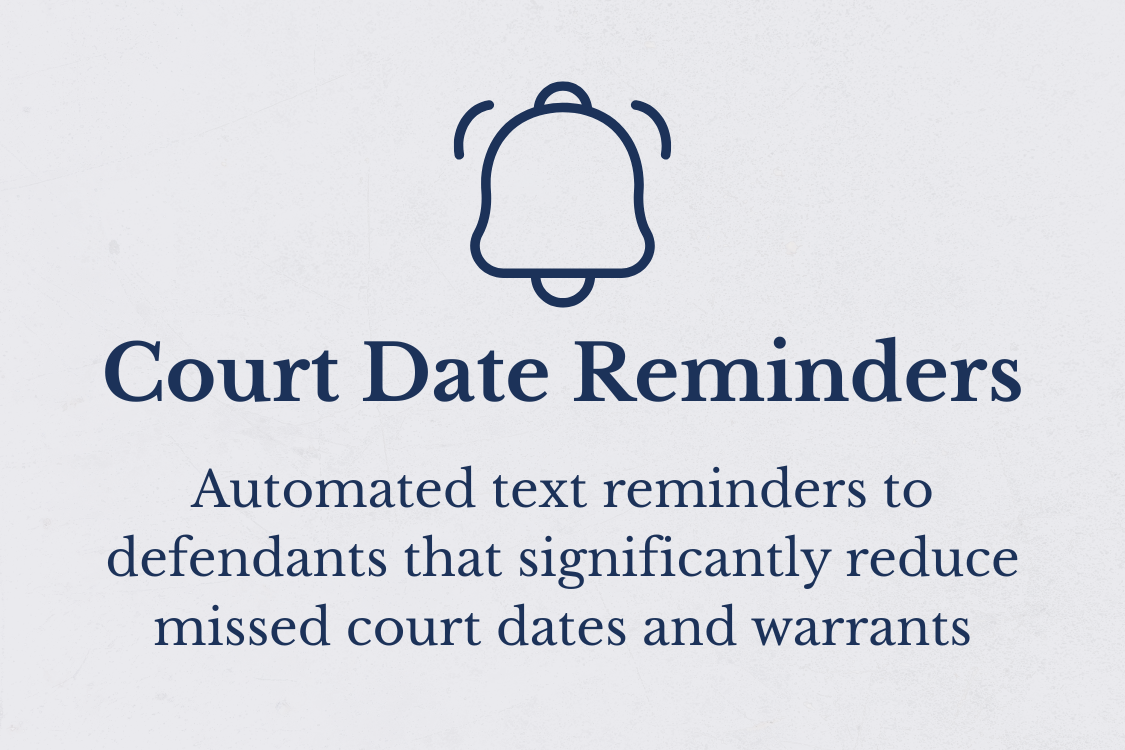 A digital graphic showing a bell icon and text about court date reminders, which are automated text reminders for defendants to reduce missed court dates and warrants.