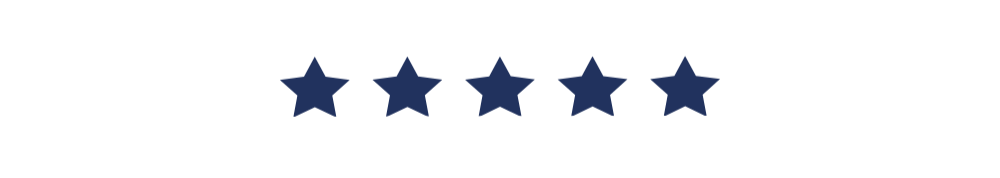 Five blue stars in a review rating graphic with three lines of white text on each side.