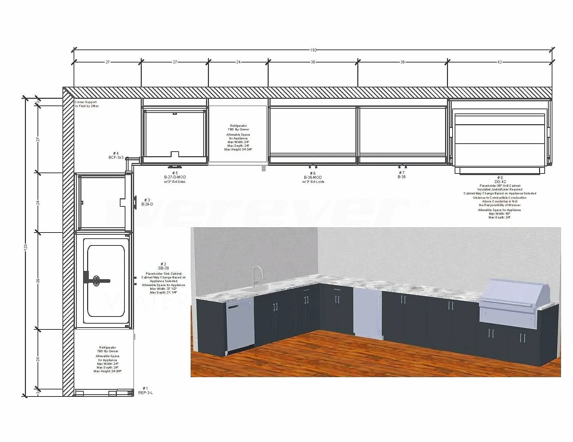 Kitchen design plan with labeled cabinets, countertops, and appliances, including a sink, refrigerator, and a barbecue grill, shown in both blueprint and 3D views.