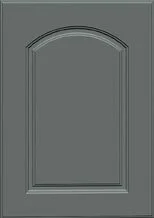 A gray door with an arched top panel
