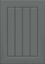 A gray door with vertical panels and no visible handle