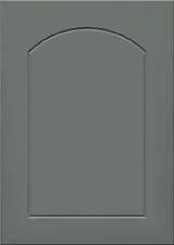 Gray door with a rectangular panel and an arched top.