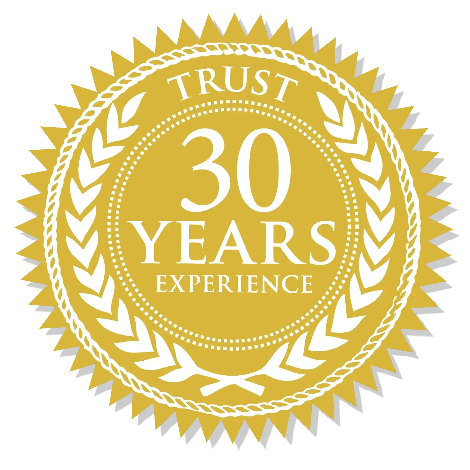 Gold badge with serrated edges featuring the text 'Trust 30 Years Experience' encircled by laurel leaves.