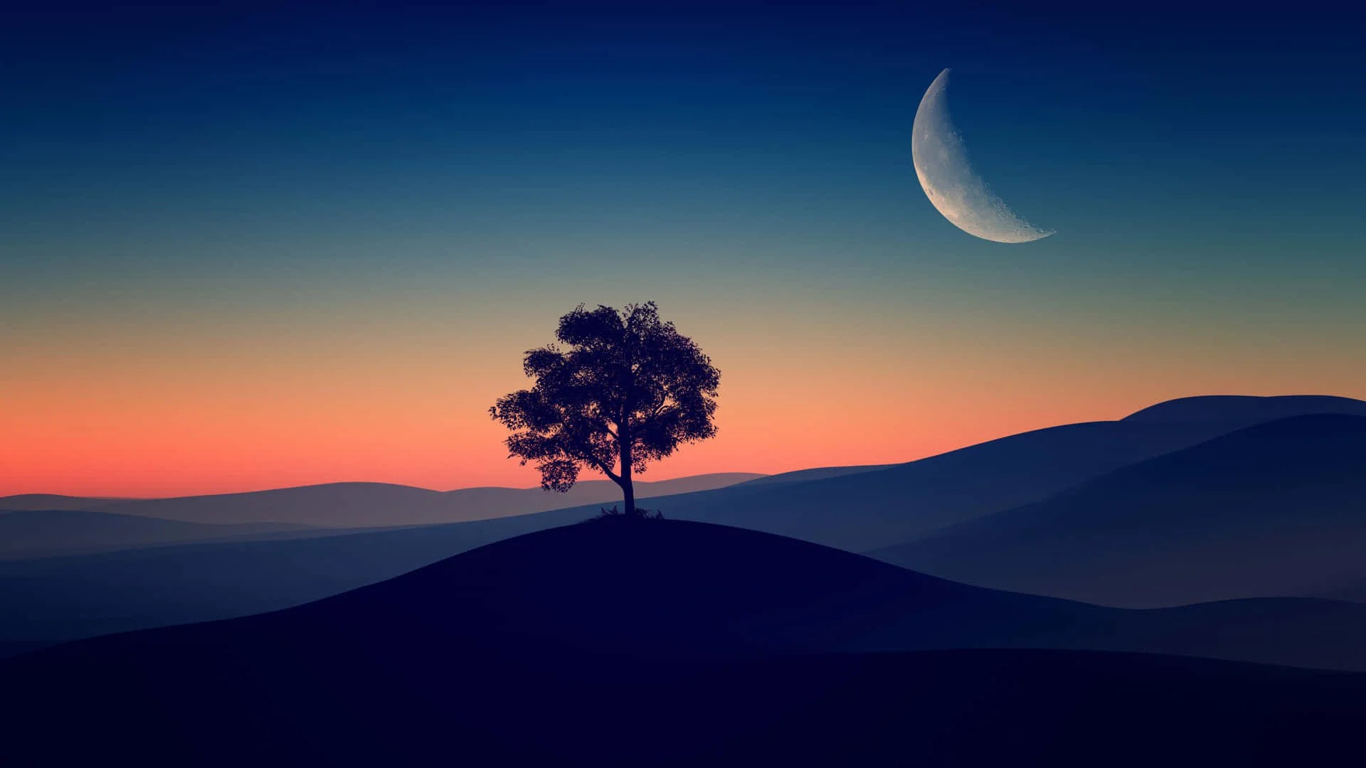 Silhouette of a tree on a hill with a colorful sunset sky, a crescent moon, and layered blue mountains in the background.