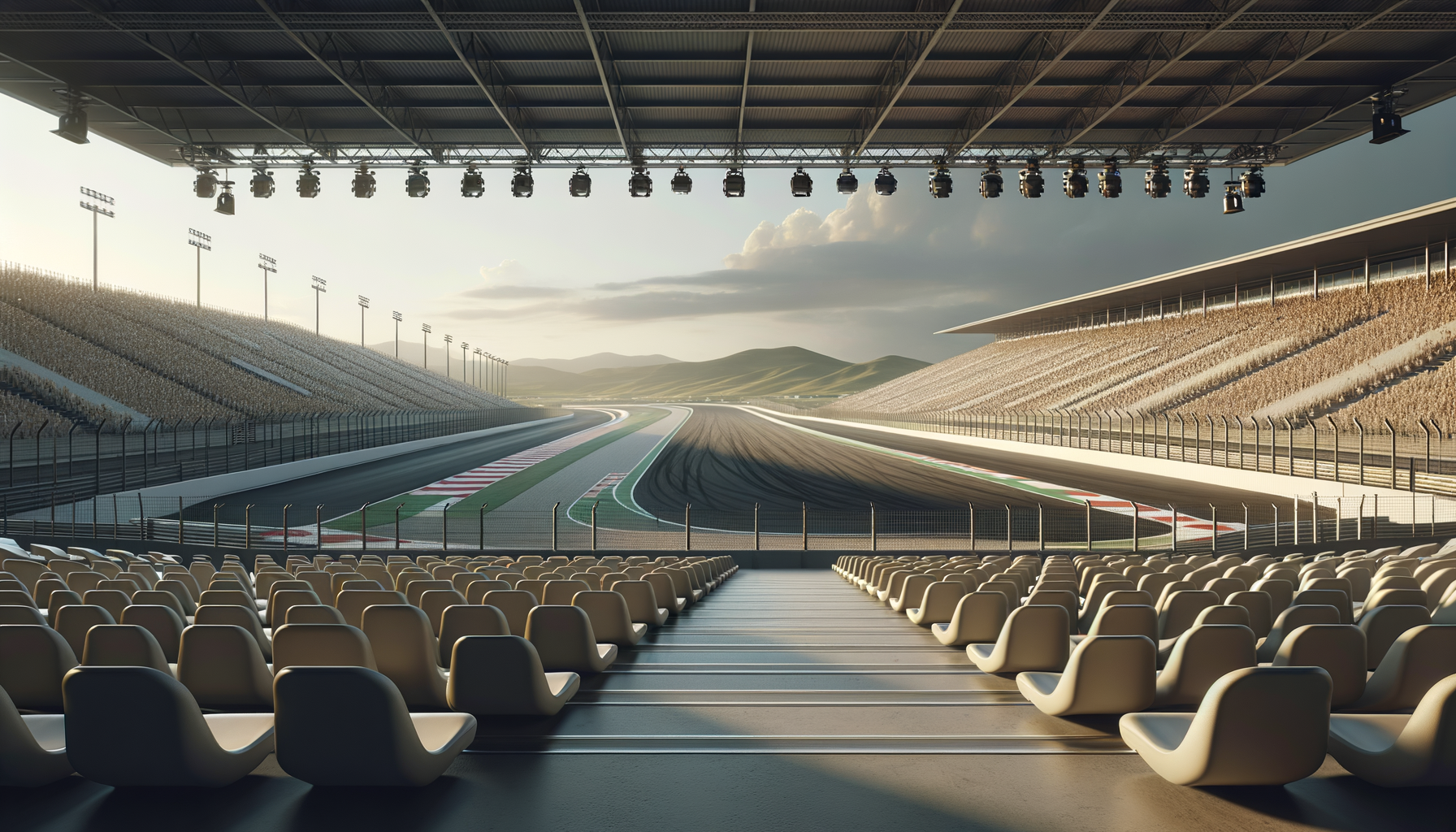 Foto de uma arena de corrida vazia, vista de uma arquibancada, com assentos em primeiro plano. A pista de corrida é vista ao fundo, com curvas, cercada por cercas de proteção. Lanternas e uma cobertura sobre a arquibancada superior, com montanhas ao longe e céu parcialmente nublado.