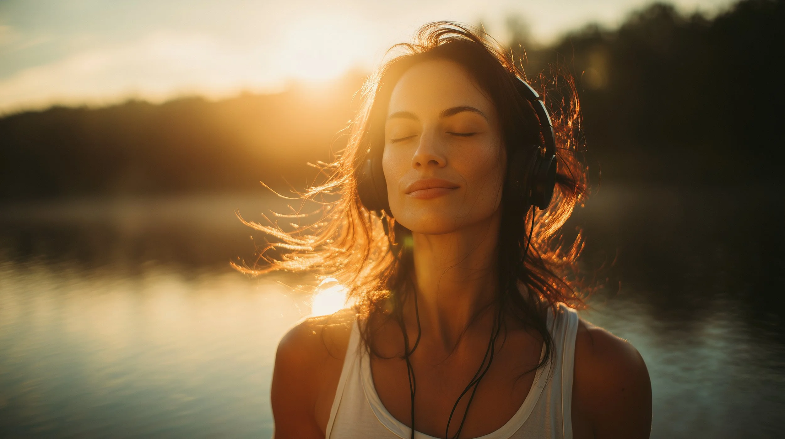 A woman with long hair wearing headphones, eyes closed, enjoying music outdoors during sunset.