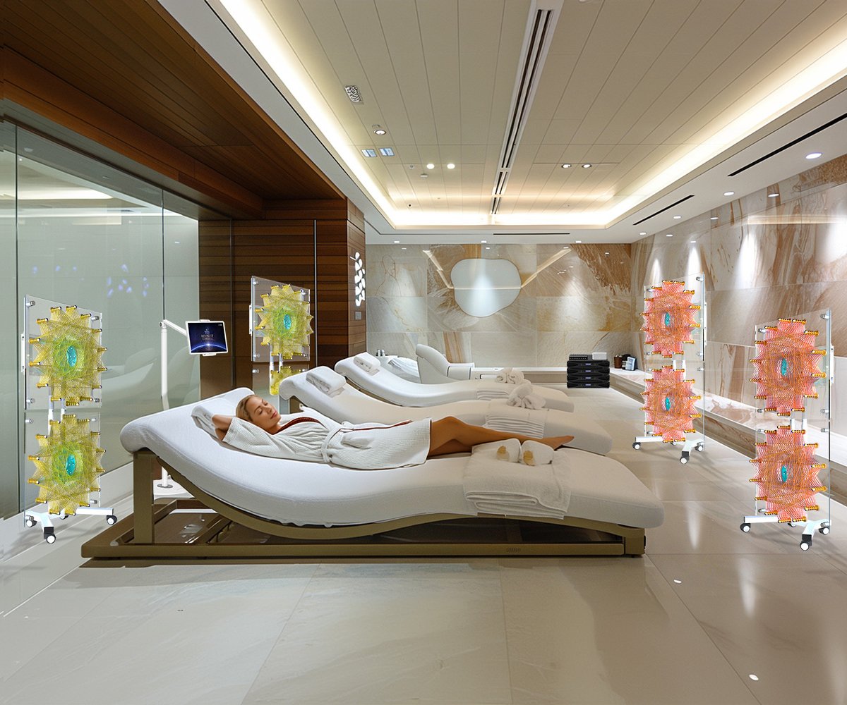 A woman lying on a massage bed in a luxury spa or wellness center, surrounded by colorful LED light therapy devices, with a modern and elegant interior design featuring wood and stone finishes.