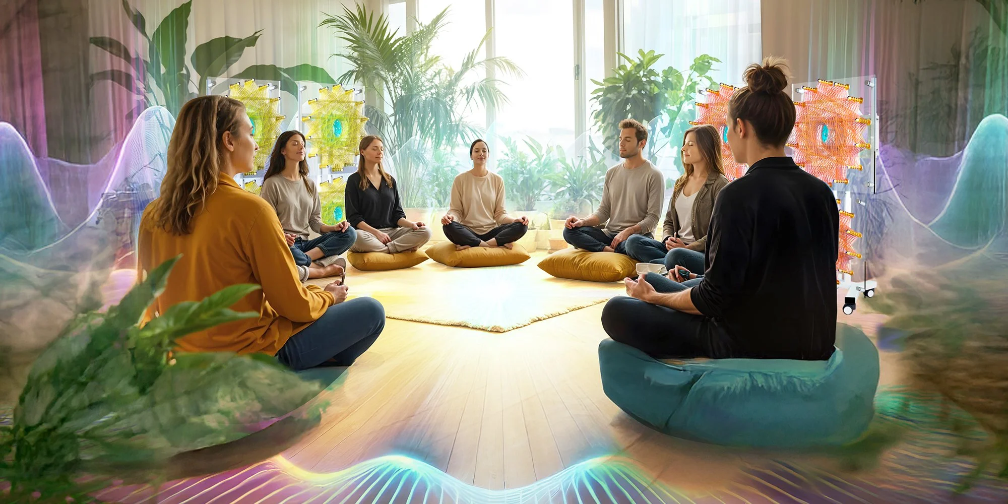 A group of people sitting cross-legged on cushions in a circle meditation session in a bright room with large windows and plants in the background.