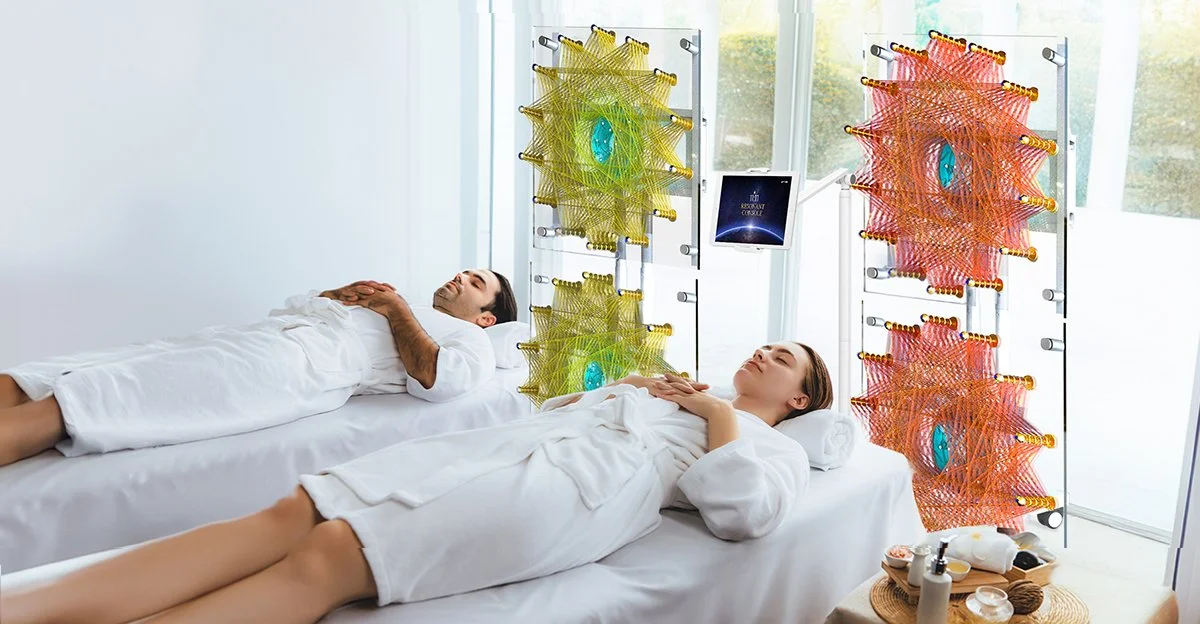 Two people lying on beds in a spa room with colorful modern art installations behind them, wearing white robes.