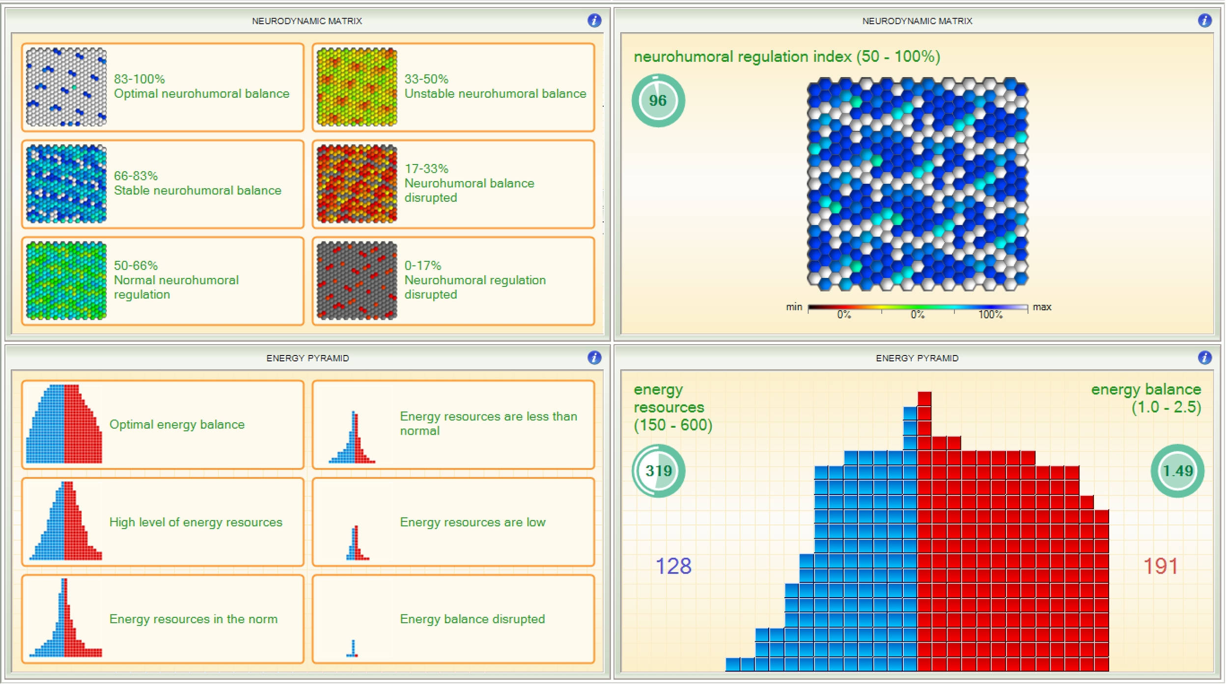 Dashboard with sections on neurodynamic matrix, energy pyramid, and energy resources, featuring graphs, color-coded maps, and statistical measures related to neurohumoral regulation and energy levels.