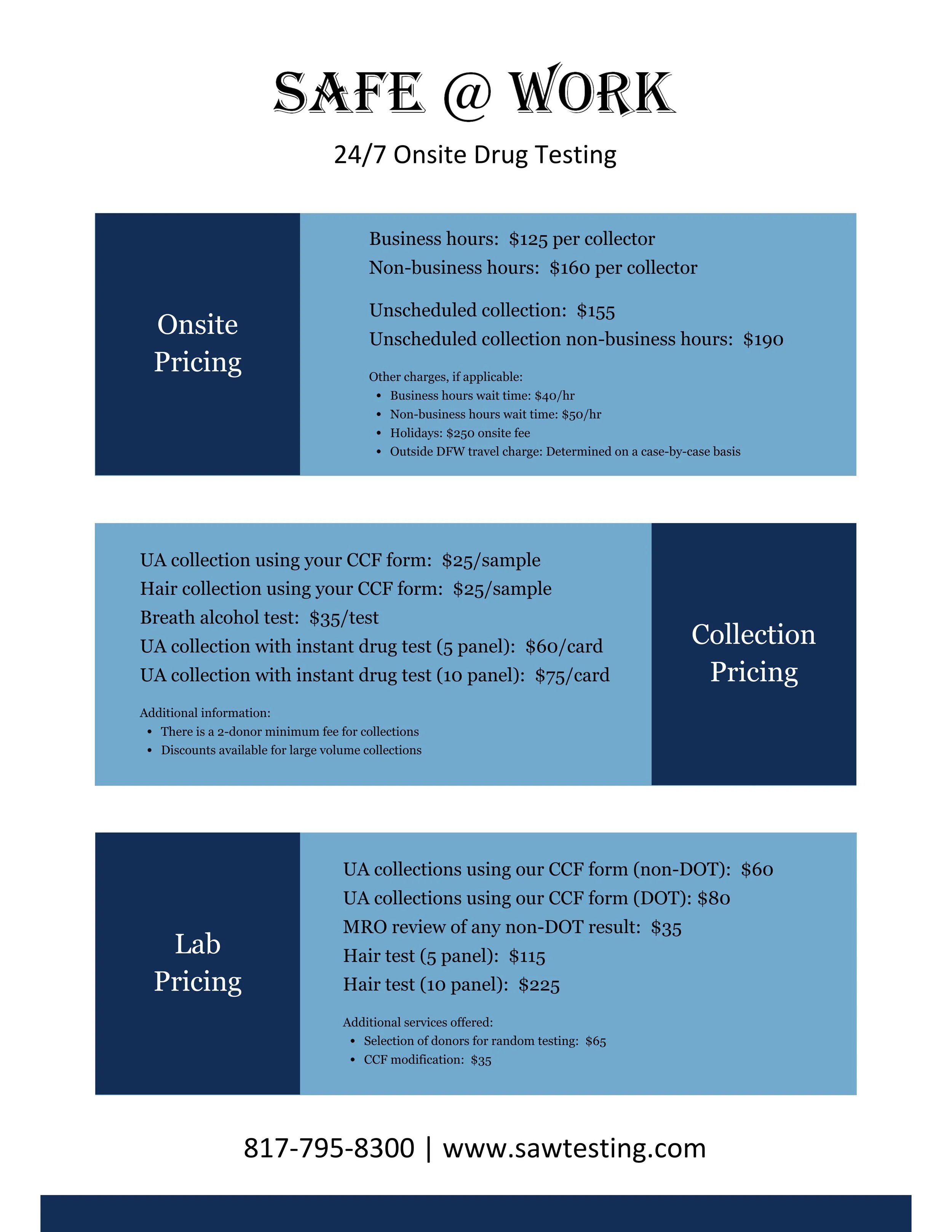Safe @ Work standard pricing, offering 24/7 onsite drug testing with pricing details for different collection options, collection lab pricing, and additional services, along with contact information and website.