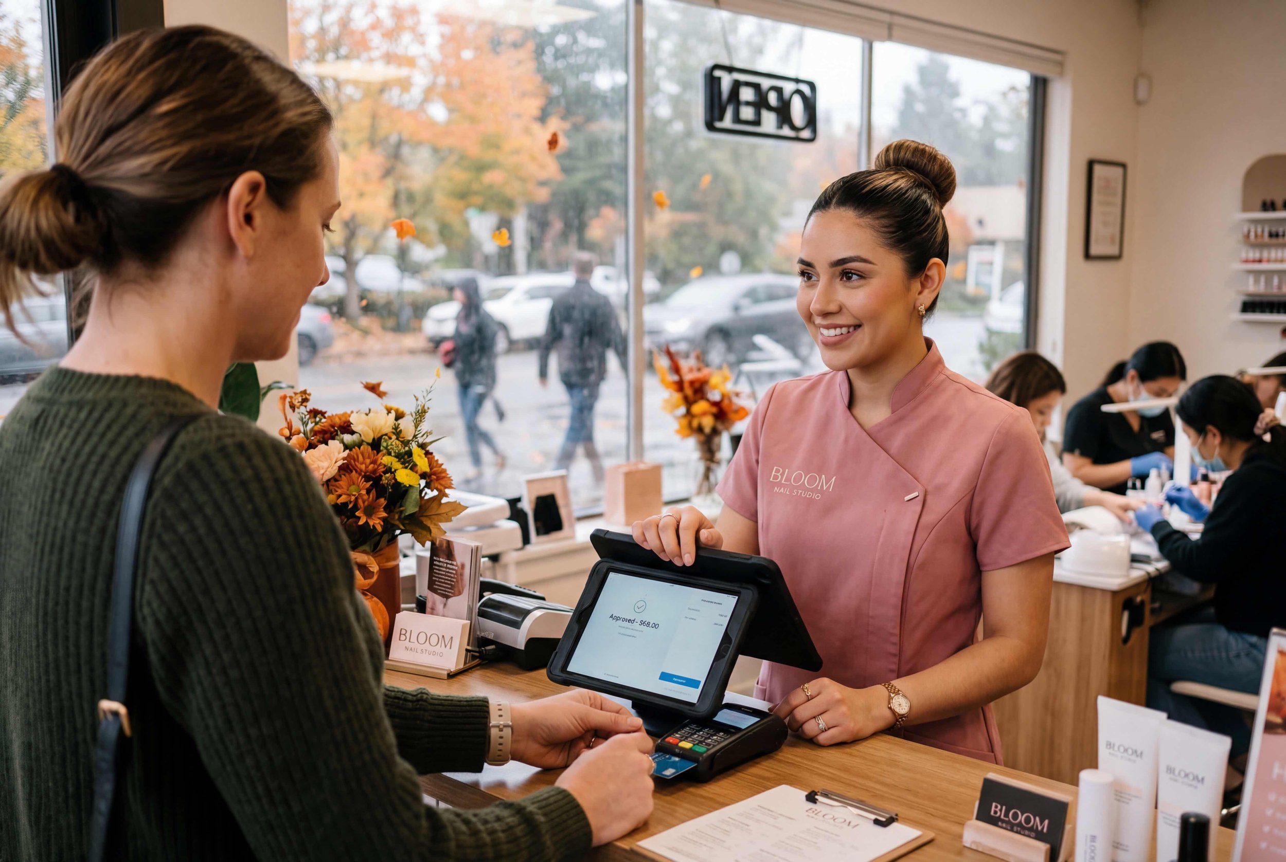 Merchant at Salon POS and Terminal Processing Payment