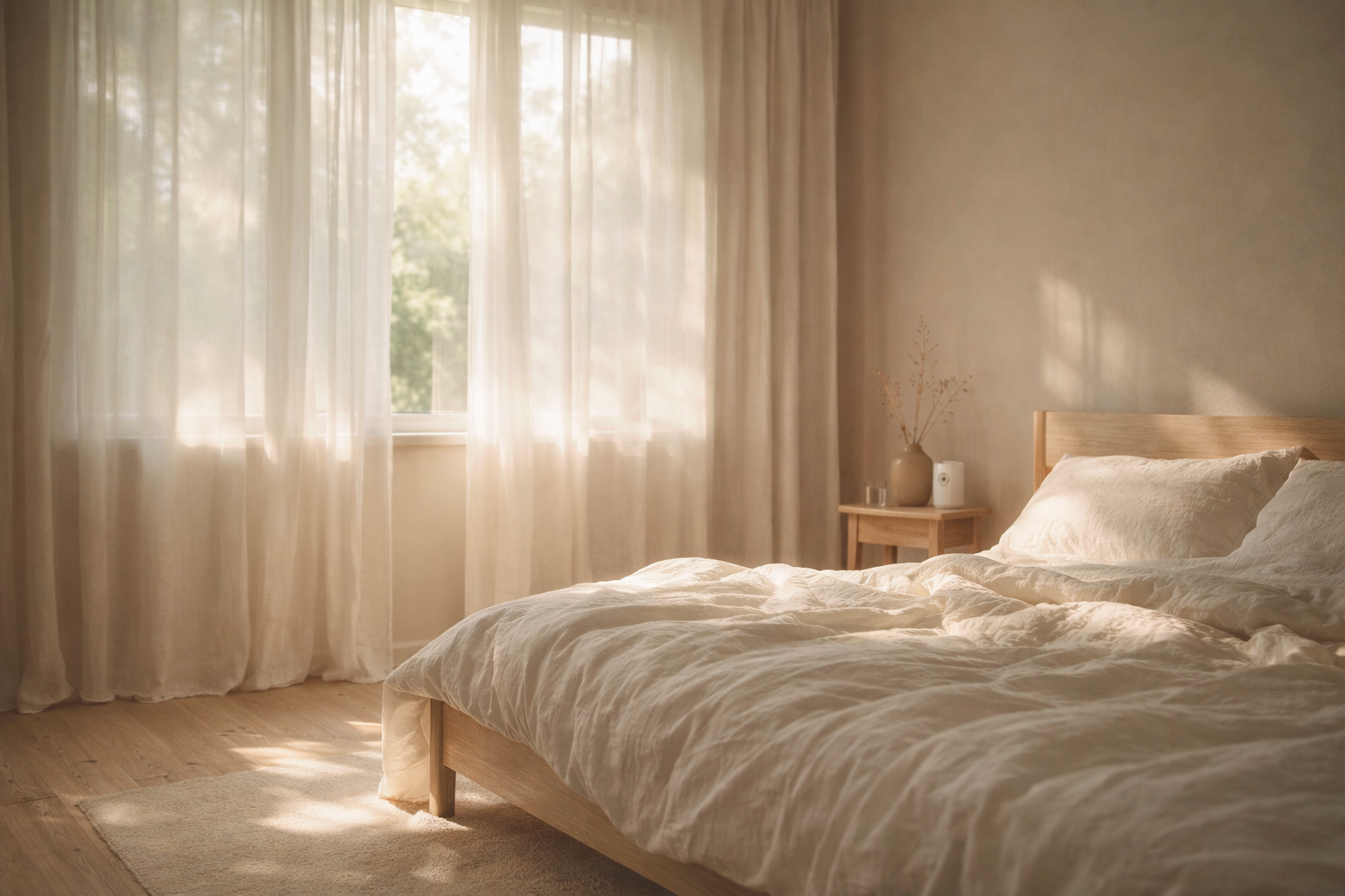 Bright bedroom with bed, white bedding, wooden headboard, side table, ceramic vase with dried flowers, and sunlight through sheer curtains.