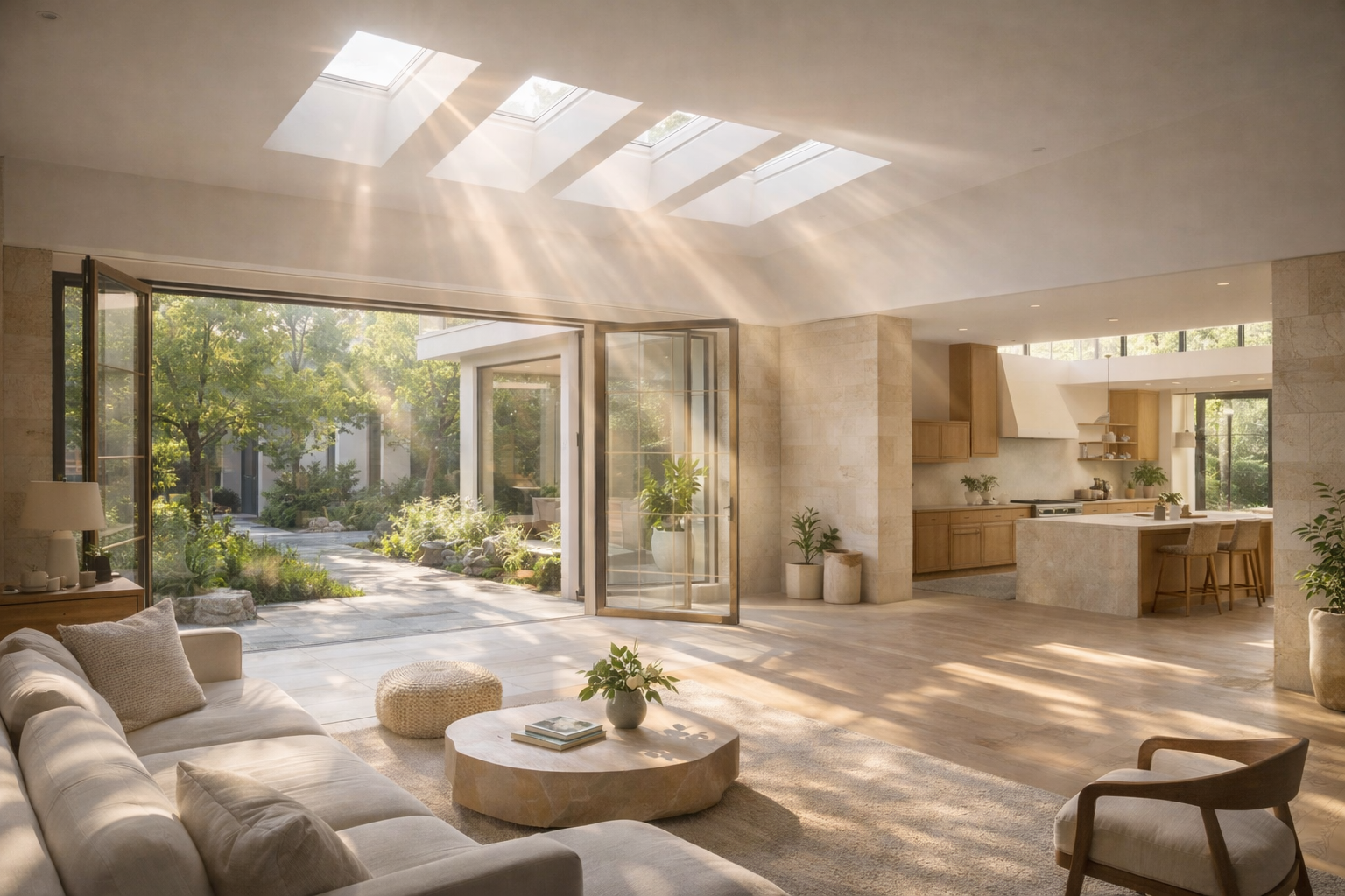 Bright, airy living room with open doors to a garden, featuring a white sofa, coffee table, and lush greenery outside.