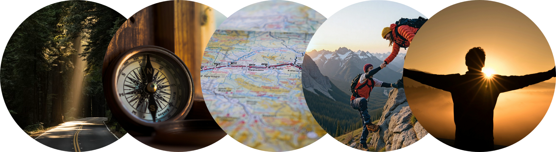 A collage of outdoor adventure scenes including a forest road with sunlight, a compass, a map, a person rock climbing in the mountains, and a person with arms outstretched at sunset.